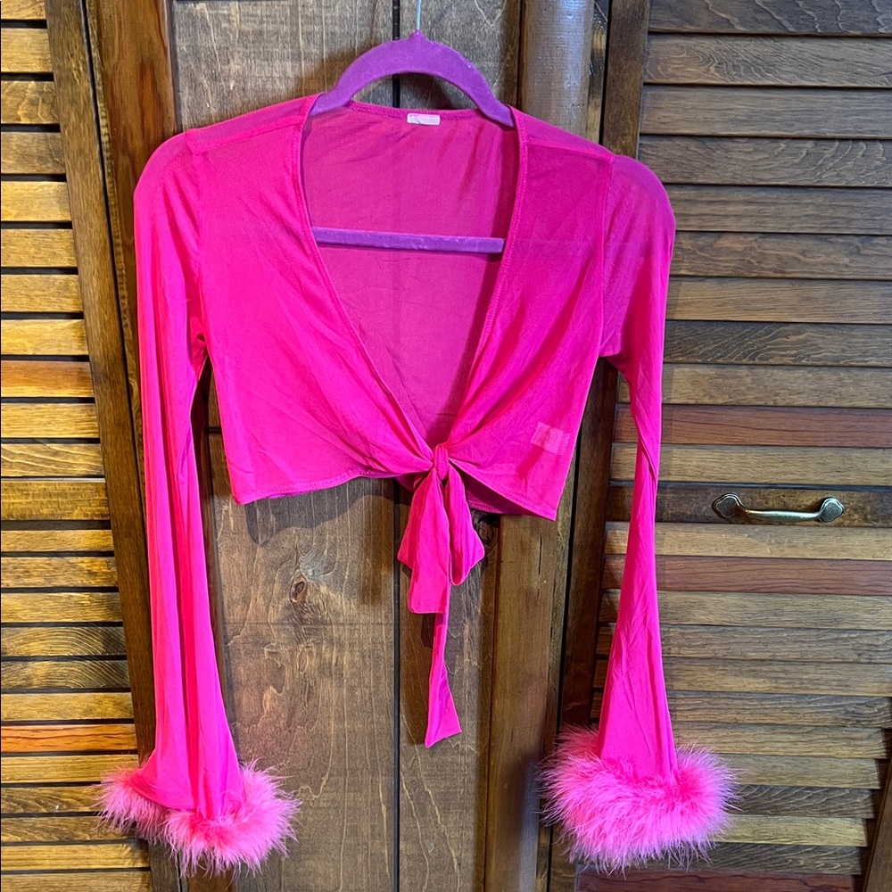 Pink Tie-Front Top with Feather Cuffs